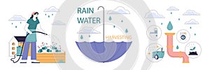 Rainwater harvesting set. Sustainable practice of urban water preservation