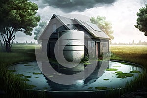 Rainwater harvesting system illustration. Generative AI. photo