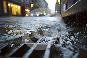 rainwater rushing into a storm drain on a city street