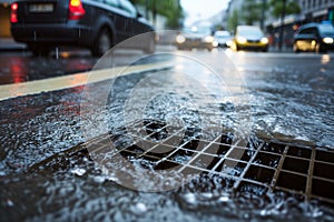 rainwater rushing into a storm drain on a city street