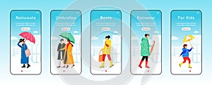 Rainwear onboarding mobile app screen flat vector template