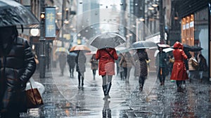 A rainy afternoon in the urban landscape with people scurrying under umbrellas while others embrace the wet weather in