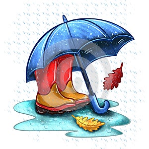 Rainy autumn boots under a blue umbrella