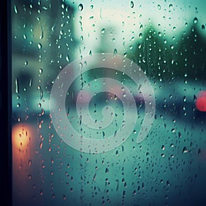 Rainy blurred, bokeh background, rain autumn evening in the city, Raindrops running down a window.