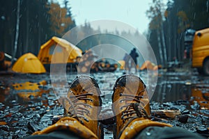 Rainy campsite with yellow tents and boots