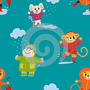 Rainy characters seamless pattern. Adorable animals in raincoats and rain boots. Funny childish fabric print design