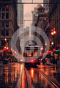 Rainy City Scape. Red Tram in the Rain. Generative AI.