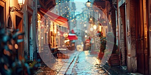 Rainy City Street With Buildings and Lights. Generative AI