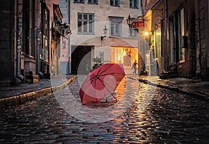 Rainy city street at  evening pink umbrella on wet pavement medieval house street lamp blurred light