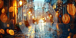 Rainy City Street With Lights Reflecting Off Wet Pavement. Generative AI