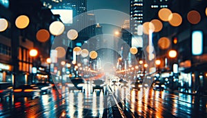 Rainy City Street at Night with Bokeh Lights, AI Generated