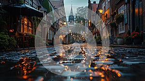 Rainy City Street With Puddles