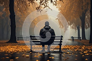 Rainy contemplation Solitary man on bench in foggy autumn park