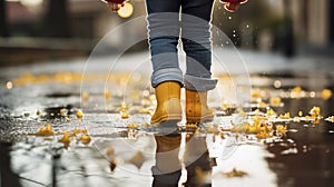 Rainy Day Adventures. Close up, child legs in yellow boots standing in the middle of a puddle after rain. Generative AI