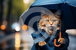 Rainy day attire Cat under a blue umbrella in a cat suit