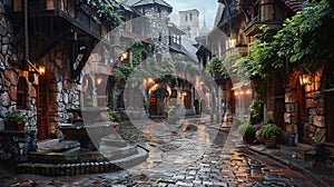 Rainy day in a beautiful European medieval town with stone buildings, narrow streets and a fountain