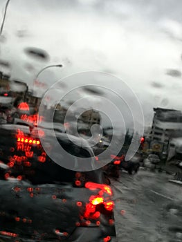 Rainy day, blur view from a car window