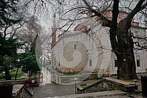 Rainy day in Bursa in Green mosque yesil cami and way covered by green grass