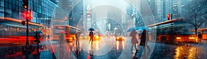 Rainy Day Cityscape with Blurred Umbrellas and Pedestrians