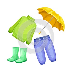 Rainy day clothes for boy or girl set. Knitted sweater, rubber boots, jeans and umbrella cartoon vector illustration