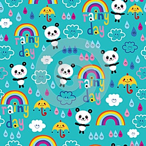 Rainy day clouds rainbows umbrellas raindrops panda bears pattern