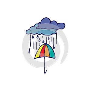 Rainy day with colorful umbrella on white background. blue outline, hand drawn vector. abstract background. doodle art for kids, w