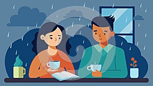 On a rainy day a couple sits at their kitchen table their journals in front of them. With steaming cups of tea in hand photo