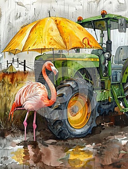 Rainy day on a farm, a lone flamingo taking shelter under a bright yellow umbrella next to a green tractor