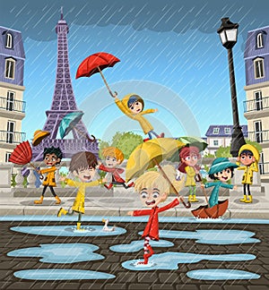 Rainy day with french cartoon children playing on the streets of Paris