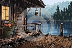 rainy day image of cabin and dock, water droplets visible, magazine style illustration