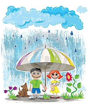 Rainy day kids with pets hiding under umbrella wallpaper postcard