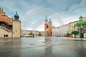 A rainy day in Krakow, a view of the main square of the city and