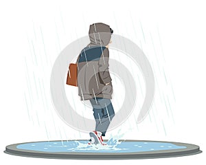 Rainy day. Man in rain. Sad mood. Bad weather. Illustration for internet and mobile website