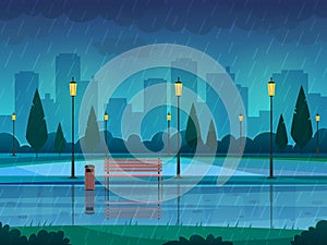 Rainy day park. Raining public park rain city nature season path bench street lamp landscape, flat vector background