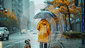 Rainy Day, Person with Yellow Raincoat Walking Dog in City Crossing Street