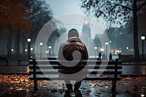 Rainy day repose person on a bench, city view obscured