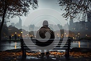 Rainy day repose person on a bench, city view obscured