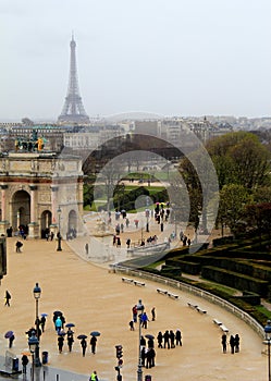 Rainy day scene in Paris, looking out from window of The Louvre, France, 2016