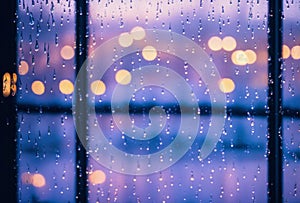 A rainy day scene with raindrops streaming down a windowpane, obscuring the cityscape into a soft blur, creating a cozy