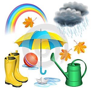 Rainy day set. Umbrella, boots, rainbow, clouds with raindrops