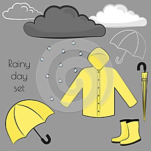 Rainy day vector flat illustration set with raincoat, rainboots and umbrellas in different positions in matching yellow colours