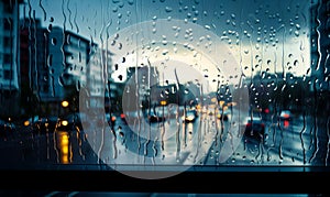 Rainy day window street. Blur urban street wet glass. Generative AI