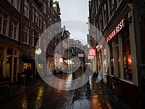 Rainy evening night in illuminated Chinatown Zeedijk street central Amsterdam Holland Netherlands