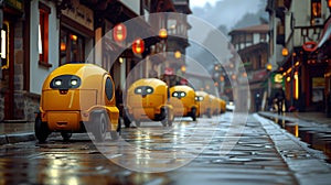 Rainy Evening in a Traditional Town With a Parade of Yellow Vehicles
