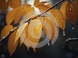 Rainy golden autumn. Beautiful yellow leaves under raindrops.