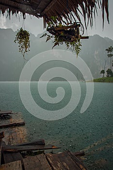 Rainy landscape at Chieou Laan lake in Thailand