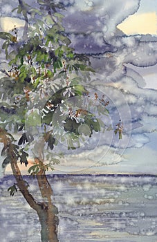 Rainy landscape with sea, sky and conker watercolor background