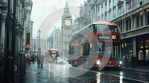 Rainy London Street Scene, red London bus, double deker