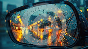 Rainy mood , Raindrops on the car traffic rear view mirror. Heavy rain outside. AI Generative