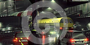 Rainy night city scene with vehicles and urban architecture